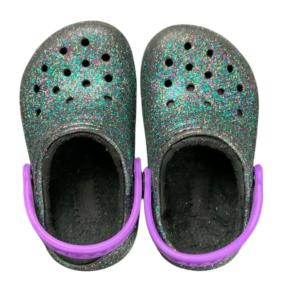 Crocs Kids Classic Glitter Clogs Purple Strap Black Sparkle C7 Toddler Shoes